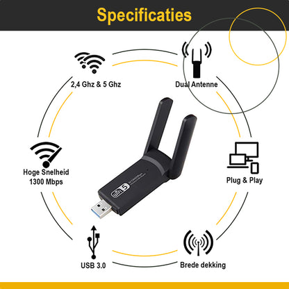 WiFi Adapter USB - USB WiFi Adapter - 1300 Mbps - WiFi Dongle - WiFi Antenne - WiFi ontvanger - WiFi USB adapter